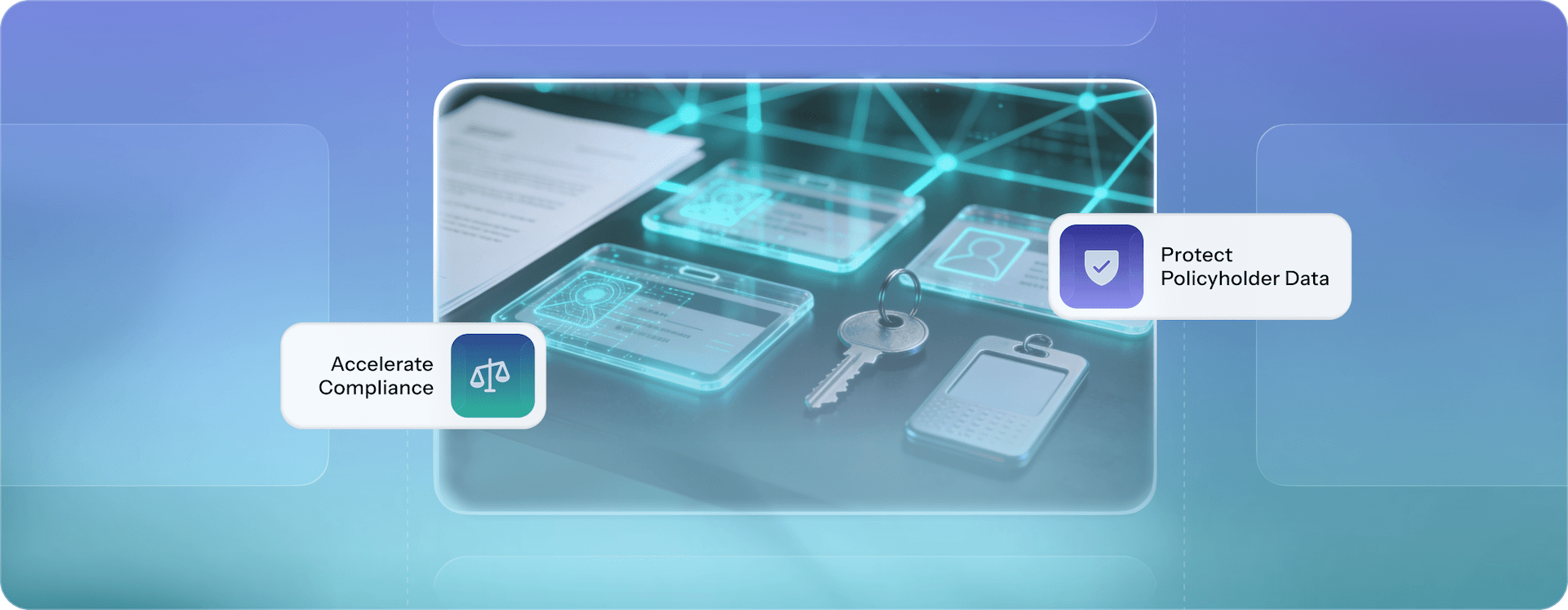 Blue background featuring a blue square with a key and a smartphone icon, symbolizing security and communication.