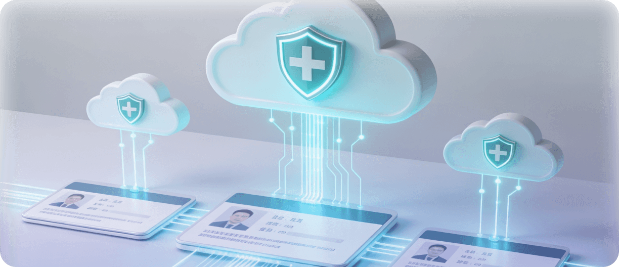 Digital cloud icons with medical cross symbols float above digital ID cards, connected by glowing lines, symbolizing cloud-based healthcare data.