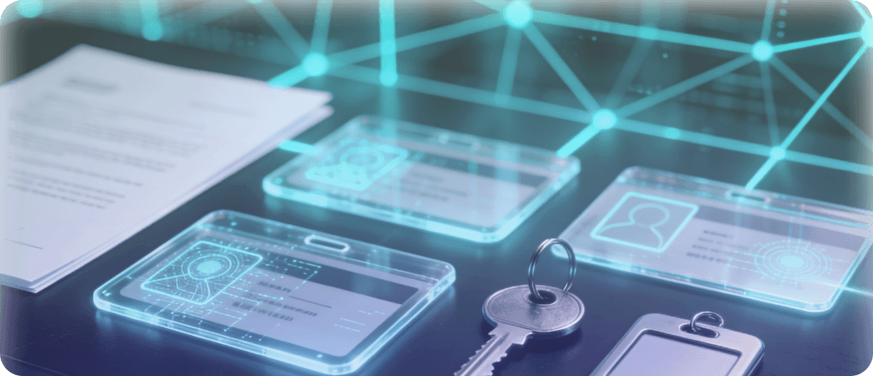 A computer screen displays a key, a wallet, and a phone, symbolizing digital security and personal items.