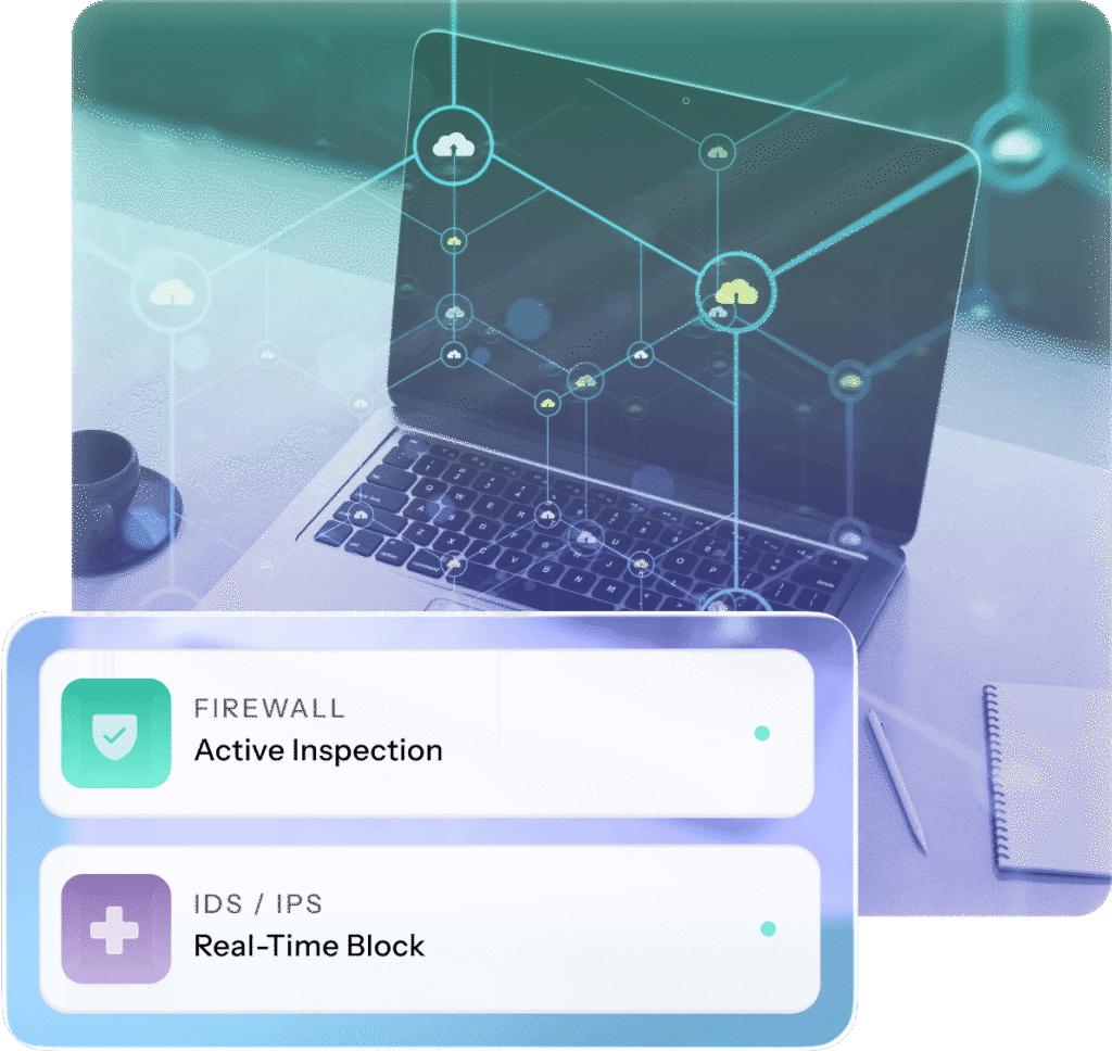 Active firewall inspecting data traffic and blocking threats in real-time for enhanced network security.