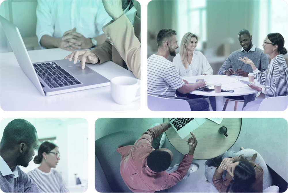 Four images show people collaborating in an office setting, using laptops and having discussions around tables.