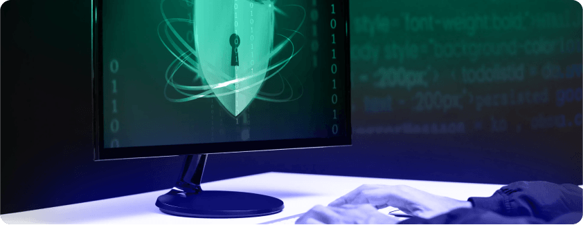 cybersecurity shield on computer screen
